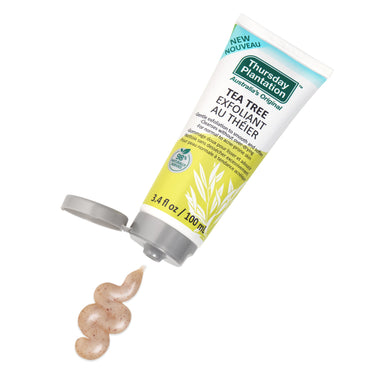 Thursday Plantation Tea Tree Exfoliant tube with a sample of product on a white background