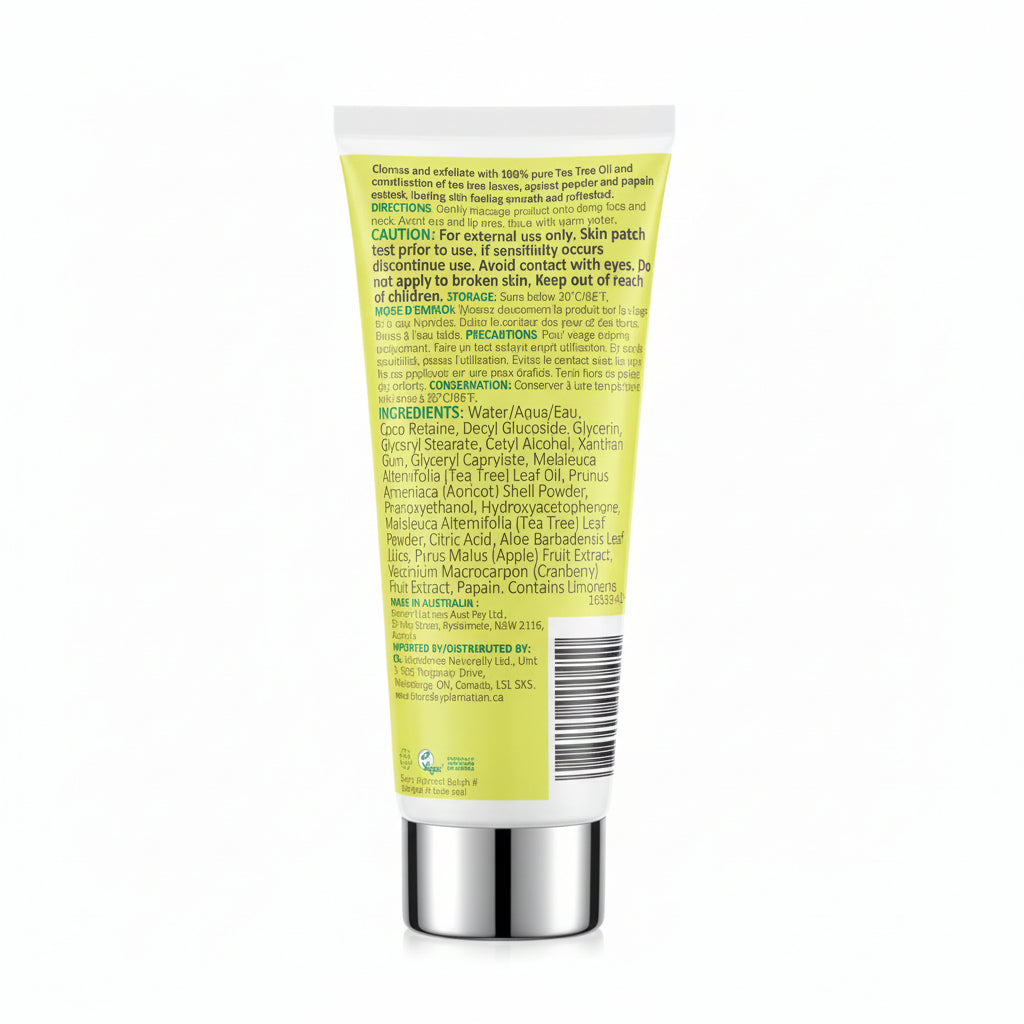 Back label of a skincare product tube on a white background