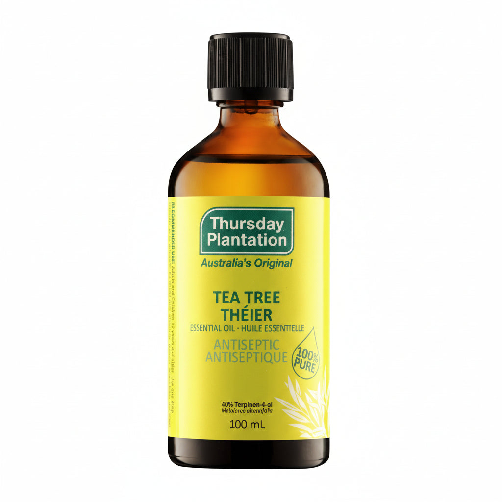 Bottle of Thursday Plantation Tea Tree oil on a white background