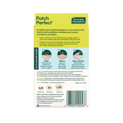 Back of a packaging for 'Patch Perfect' hydrocolloid patches with branding and product information.