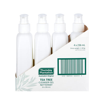 Four bottles of Thursday Plantation Tea Tree Cleanser Gel in a cardboard box on a white background.