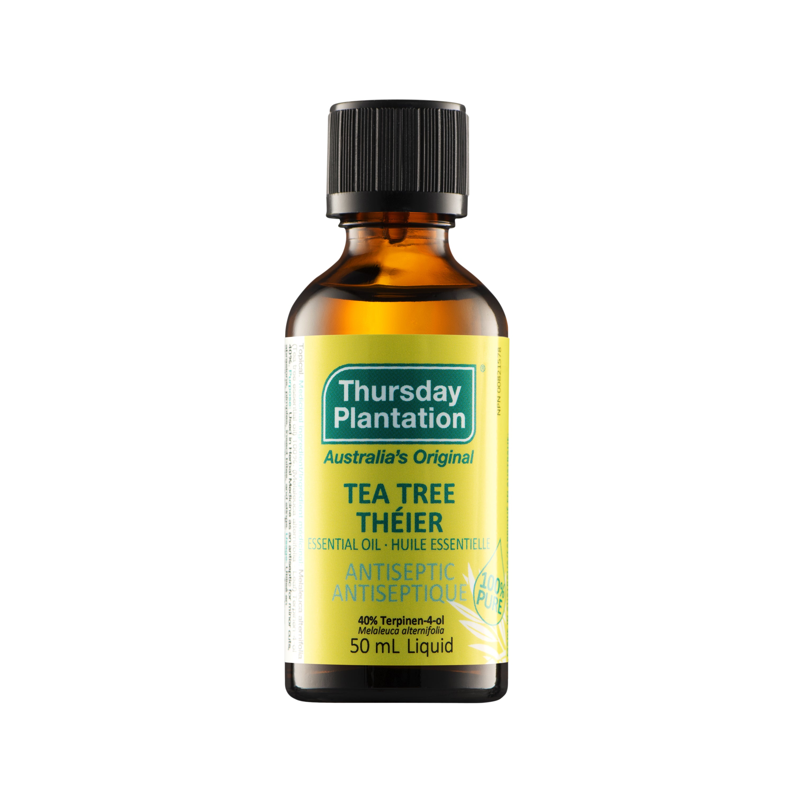 Bottle of Thursday Plantation Tea Tree oil on a white background