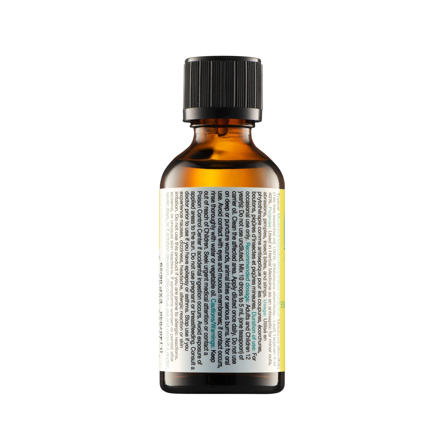 Bottle of essential oil with a black cap on a white background
