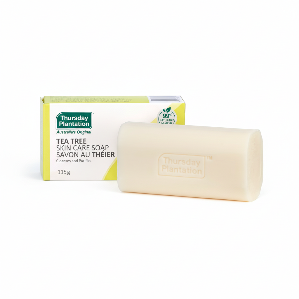 Thursday Plantation Tea Tree Skin Care Soap bar and packaging on a white background