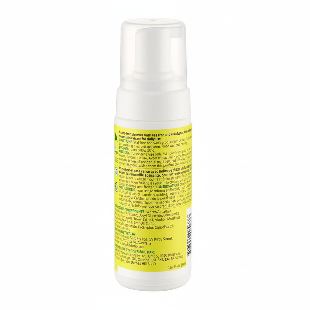 Foam cleanser bottle with a yellow label on a white background