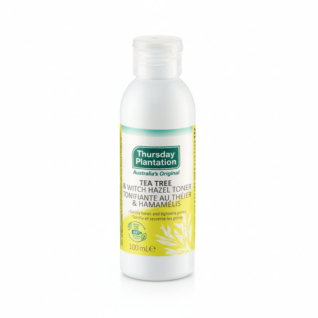 Thursday Plantation tea tree and witch hazel toner bottle on a white background
