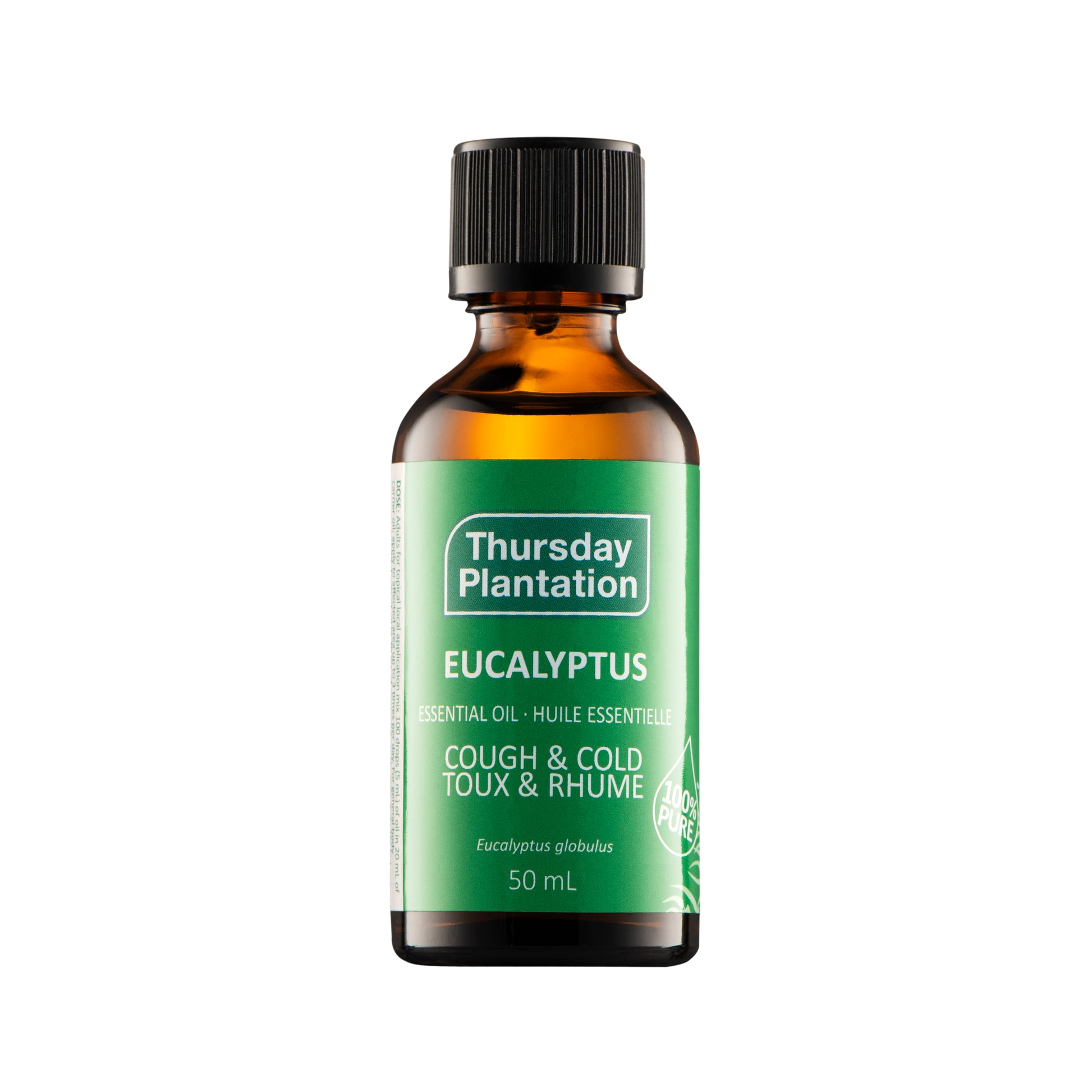 Bottle of Thursday Plantation Eucalyptus essential oil on a white background