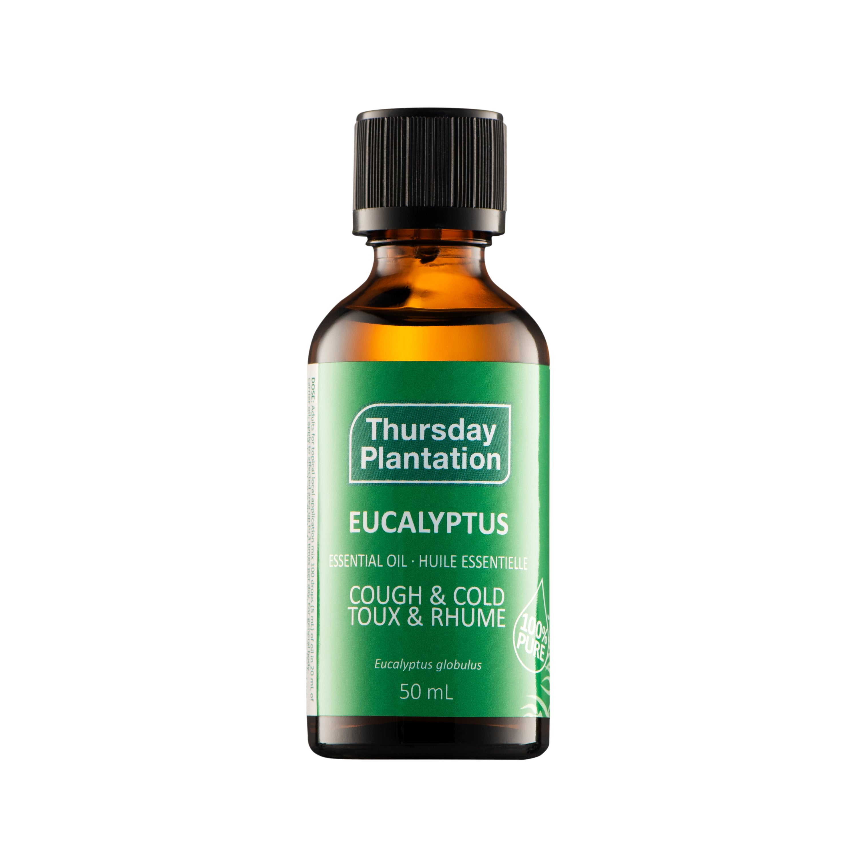 Bottle of Thursday Plantation Eucalyptus essential oil on a white background