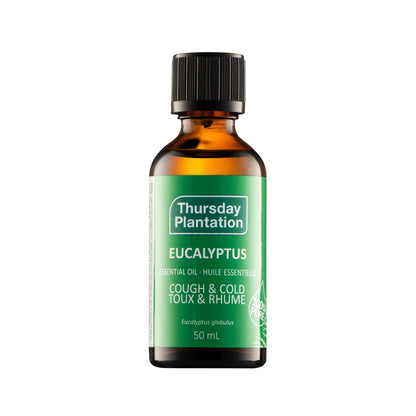 Bottle of Thursday Plantation Eucalyptus essential oil on a white background