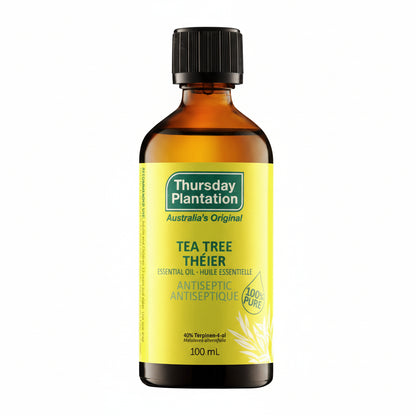 Bottle of Thursday Plantation Tea Tree oil on a white background