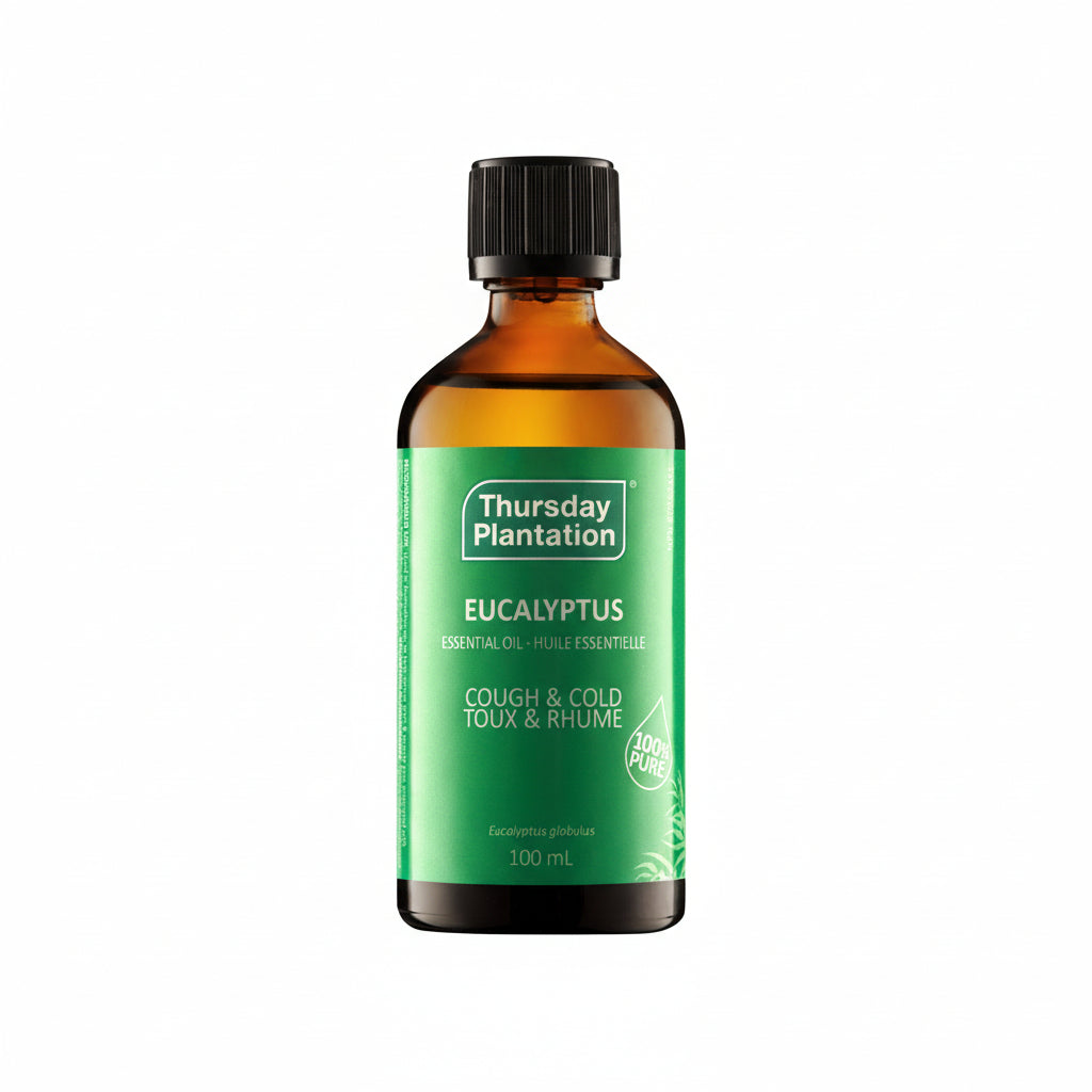Bottle of Thursday Plantation Eucalyptus essential oil on a white background