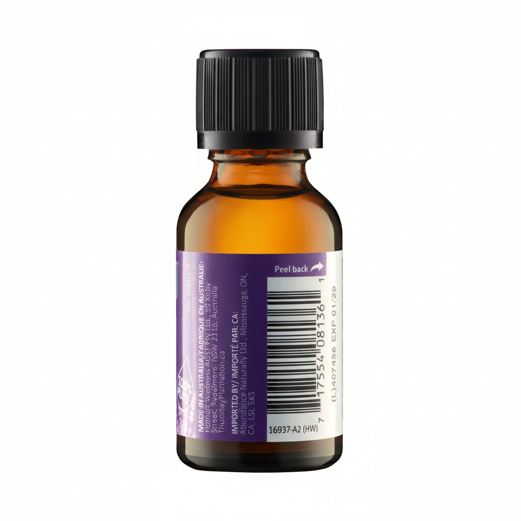Bottle of essential oil with a purple label on a white background