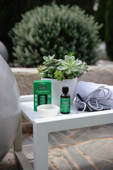 Eucalyptus oil on a table outdoors