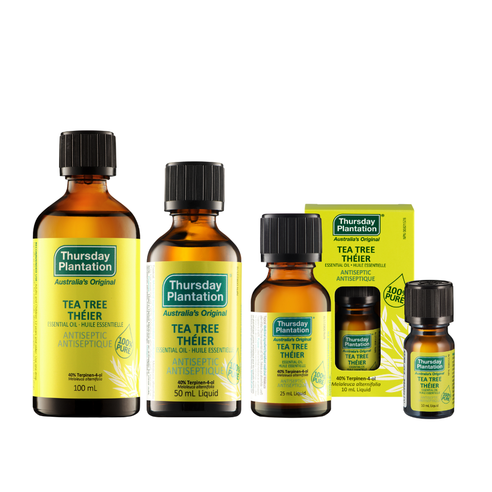 Collection of Thursday Plantation Tea Tree Théier essential oil bottles on a white background